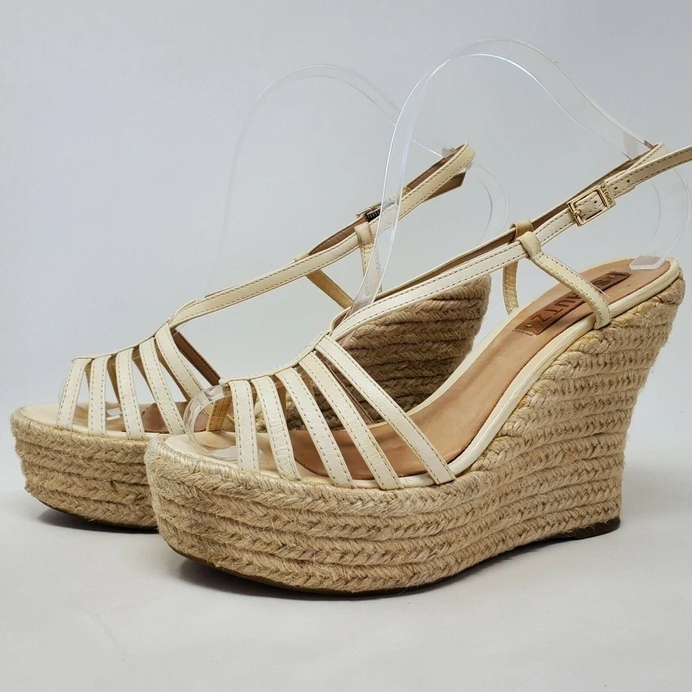 Schutz Gianne Size 8 Leather Espadrille Platform Wedge Cage Sandal Cream